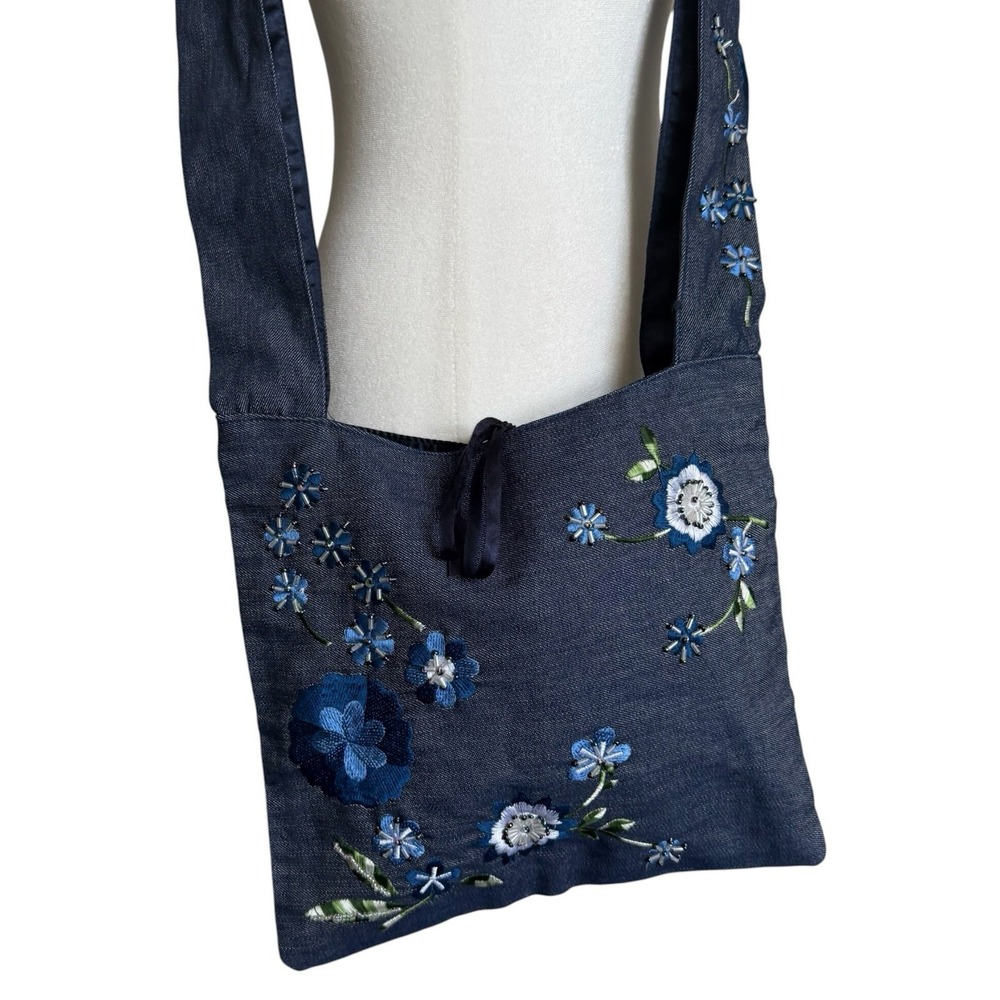 Y2K Denim Satin Floral Embroidered Sequin Shoulder Bag Fairycore Boho Indie 90s